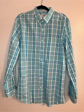 L.L. Bean Men's Aqua and Teal Plaid Button-Down Shirt